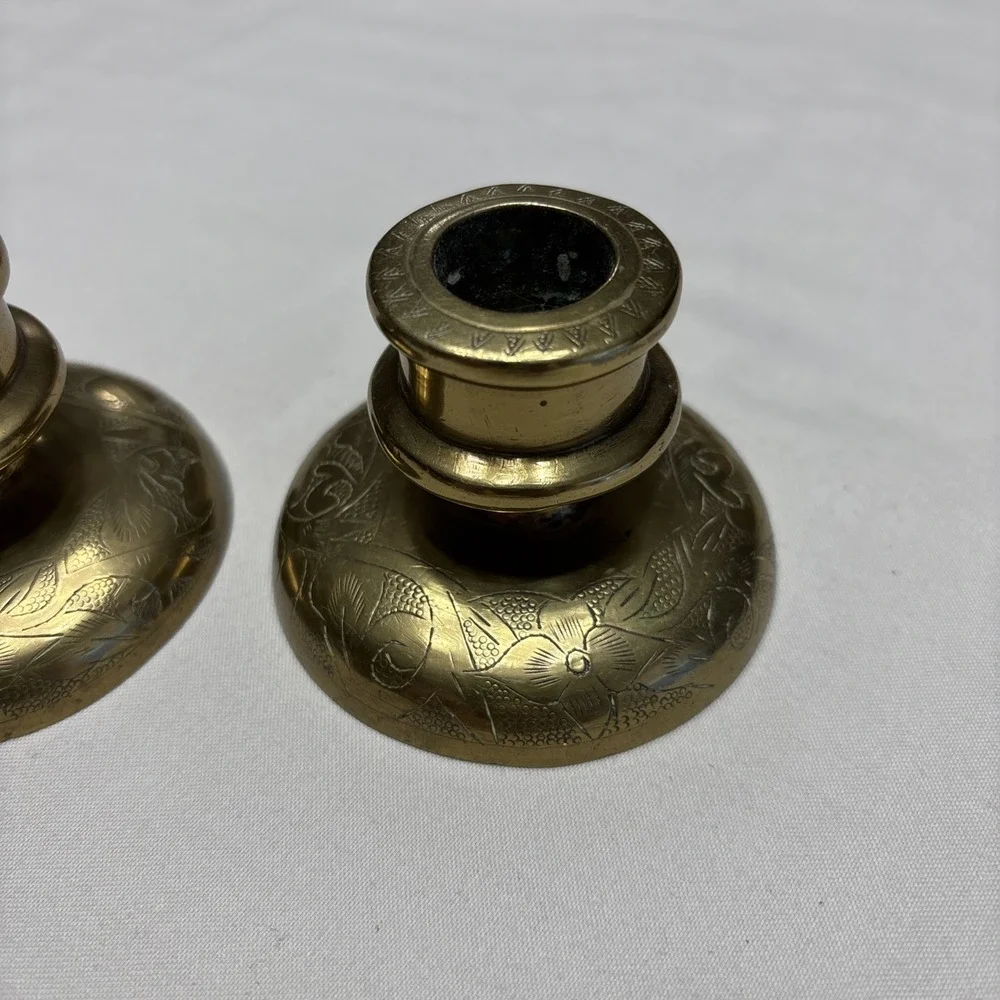 Pair of Vtg‎ Brass Engraved Candle Holders